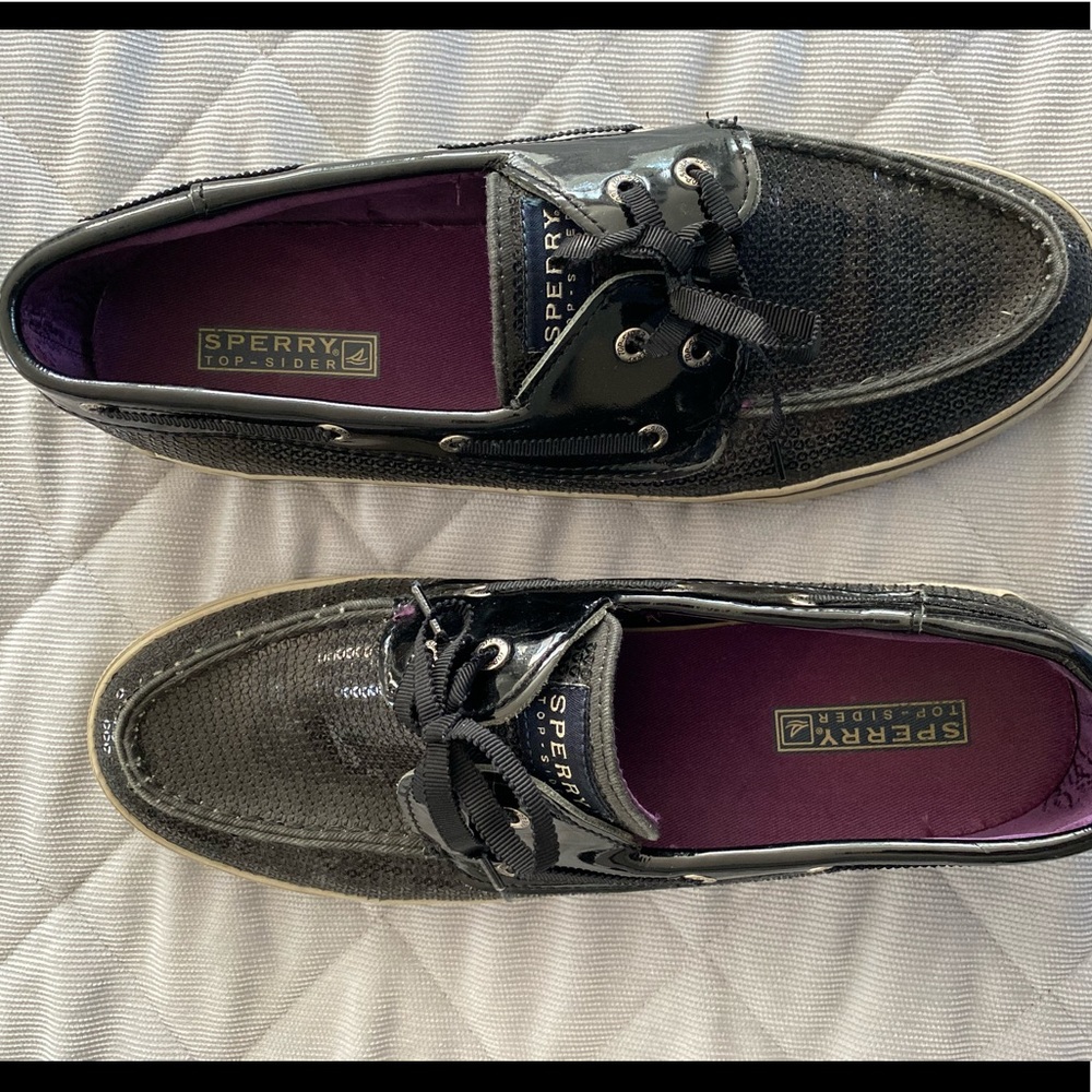 Black sequin Sperry topsides. Size 9.5